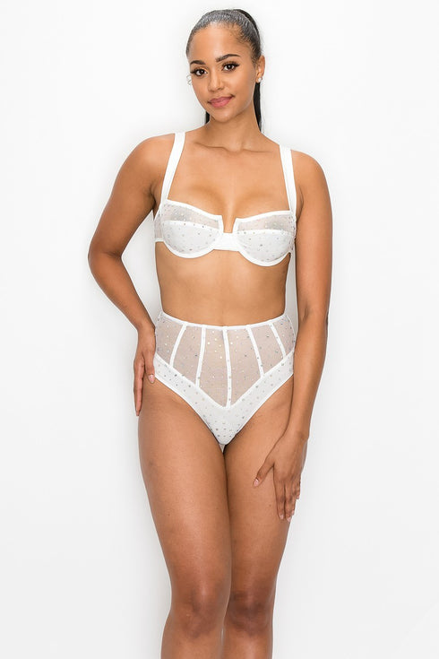 2 Pc. Lingerie Bra & Panty Set W/ Sheer Mesh & Rhinestone Accents - SohoGirl.com